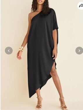 VENUS One-Shoulder Black Asymmetric Midi Dress with Side Slit